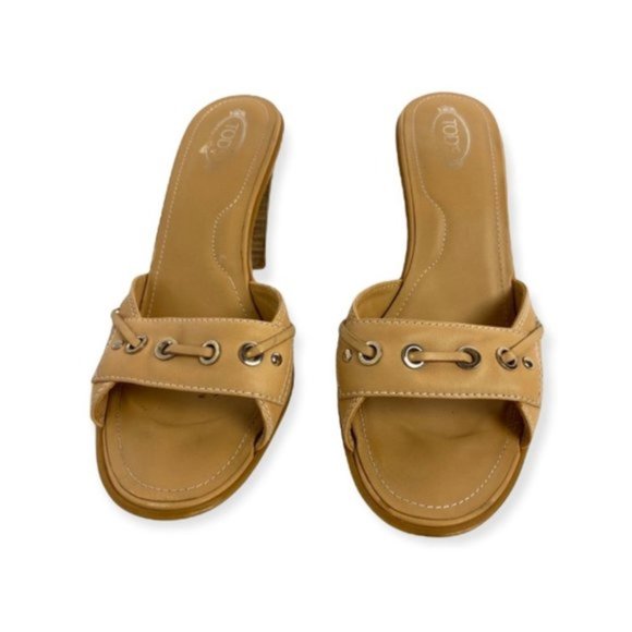 TODS Beige Tan Leather Classic Open Toe Heels Size 8.5 Wooden Block Heel Shoes - Picture 4 of 8